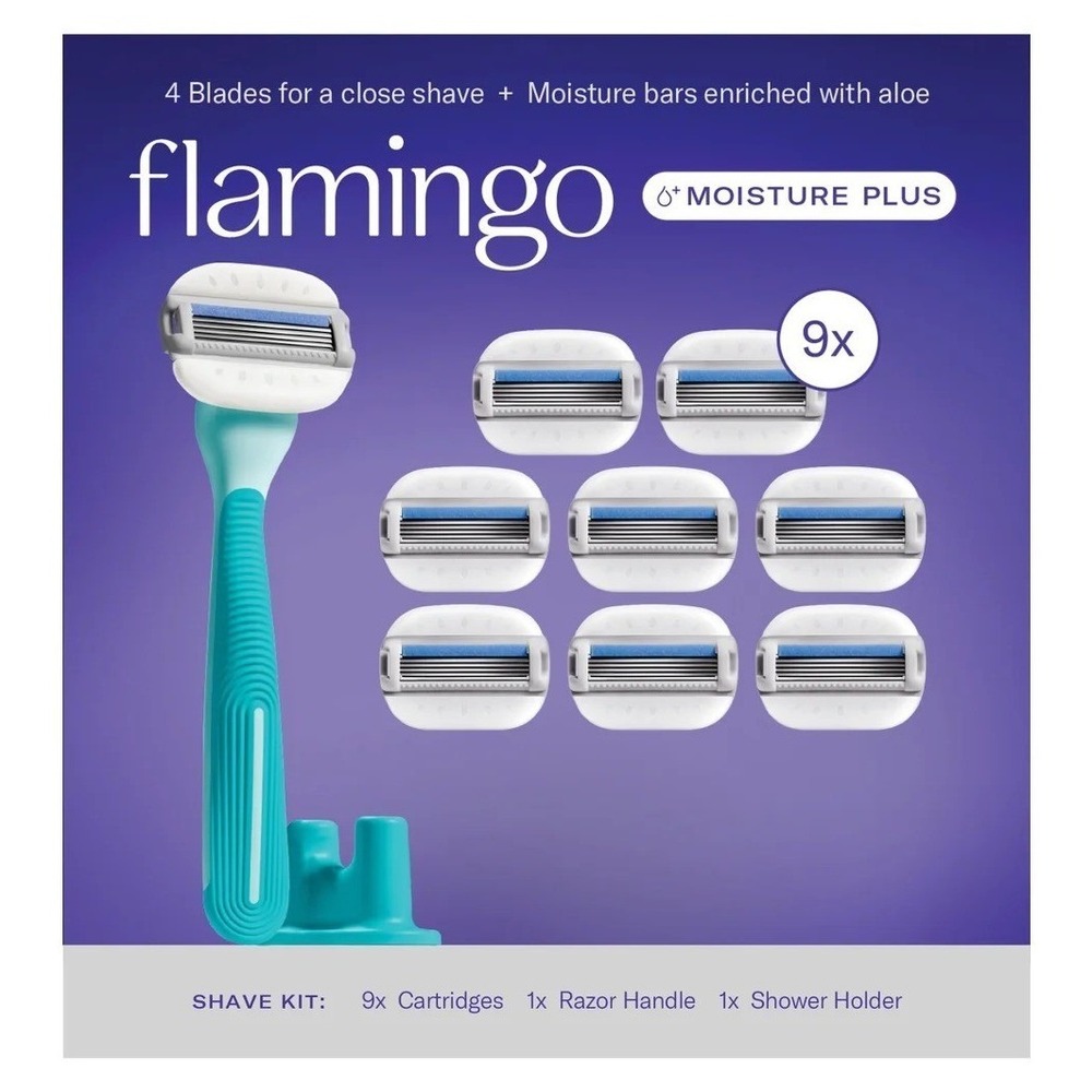 OPEN BOX Flamingo Moisture Plus 4-Blades Razor Kit with 9 Cartridges and Holder